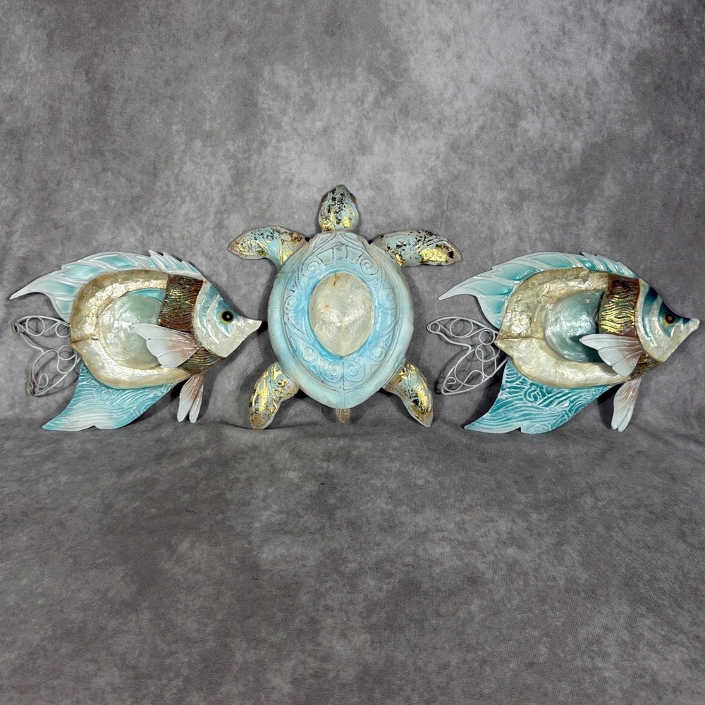 Vtg Capiz Shell Wall Art Set 3 Turtle Angelfish Metal Frame Coastal Tropical Y2K